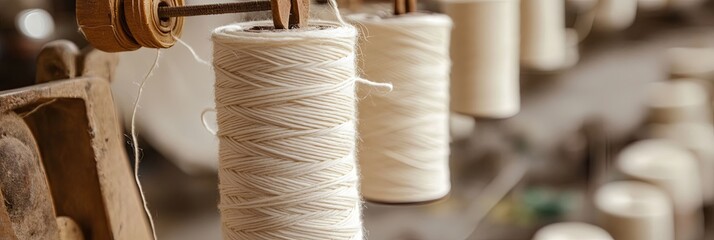Close-up of Cotton Thread Spools on a Vintage Spinning Machine