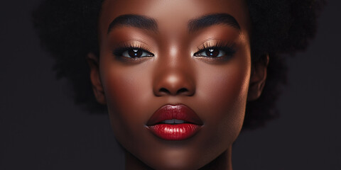 Selbstbewusste afroamerikanische Schönheit mit dramatischem High-Fashion Make-up. Ausdrucksstarkes Editorial-Portrait mit künstlerischem Styling. Für Mode-Magazine und Beauty-Kampagnen