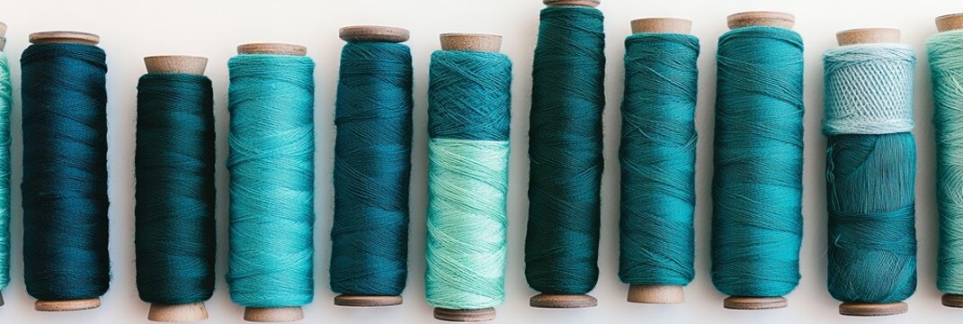 Teal and Blue Thread Spools on White Background