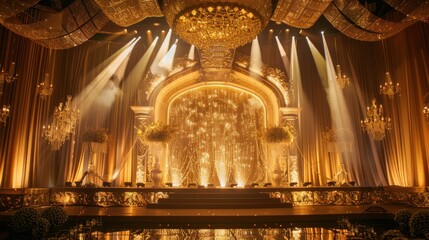 Obraz premium A brilliant gold stage adorned with dazzling light effects and refined decorations
