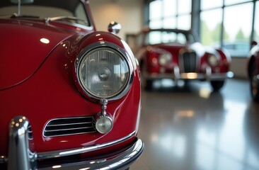 a close up view of a part of shiny vinous car in a showroom with other vehicles in the background