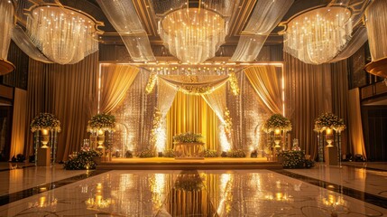 Fototapeta premium A brilliant gold stage adorned with dazzling light effects and refined decorations