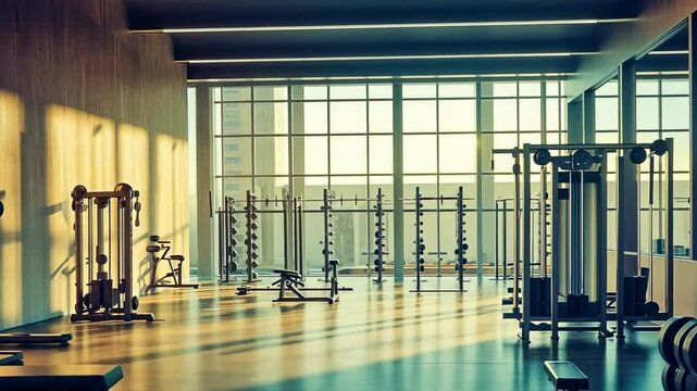 Sunlight streams through large windows in a spacious, well-equipped gym, highlighting rows of weights and machines. The scene conveys a peaceful morning workout atmosphere, emphasizing health and