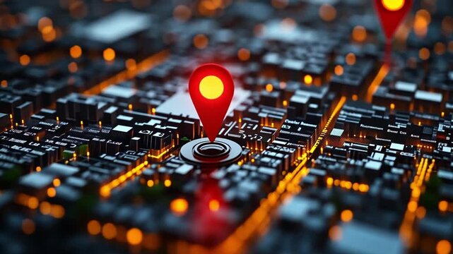 Cityscape with glowing lights and location markers at night showcasing urban mapping technology