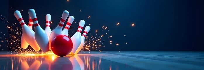 Horizontal dark background with bowling pins flying in different directions from the impact of the red ball, sparks fly