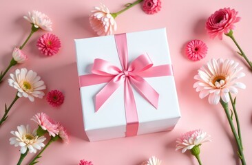 white gift box with pink ribbon among carnations on a pastel background