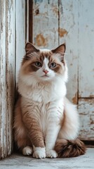 Fluffy cat with striking eyes sitting gracefully against a weathered wall in a cozy indoor space
