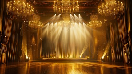 A brilliant gold stage adorned with dazzling light effects and refined decorations