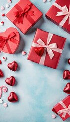 Valentine day composition sweet candy, with gift boxes with bow and red felt hearts, photo template, background. Top View with copy space