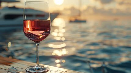 luxury wine glass reflection, vivid image of a red wine glass by the ocean, illuminated by sunlight, showcasing luxury elegance and intricate details