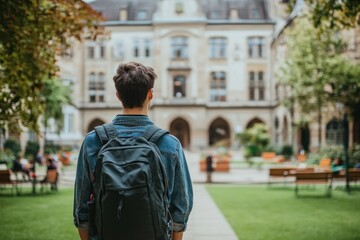 Obraz premium Student with backpack standing in front of university building