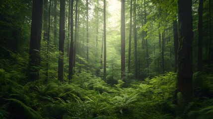 Obraz premium Peaceful forest scene characterized by tall trees, a soft forest floor covered in lush ferns, and dappled sunlight filtering through the canopy. A serene and calming natural environment.
