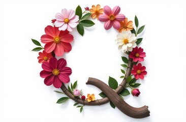 Intertwined flowers letter “Q”, realist precision, high saturation, beautiful, inspiring, isolated, flat white background-