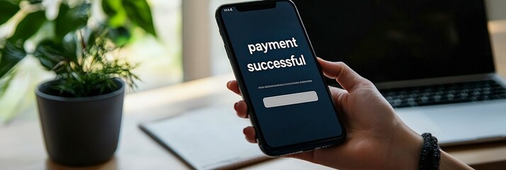 A person holding a smartphone that shows a 'payment successful' message, highlighting the ease of digital transactions in a well-lit office space.