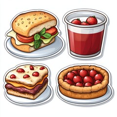 A cartoon illustration of four delicious desserts: a sandwich, a glass of strawberry yogurt, a layered pastry, and a cherry pie.