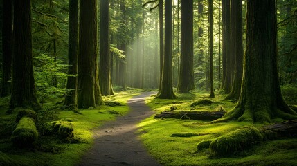 Obraz premium Peaceful forest trail lined with tall trees and a lush carpet of moss. Sunlight filters gently through the canopy, creating a serene and inviting path.