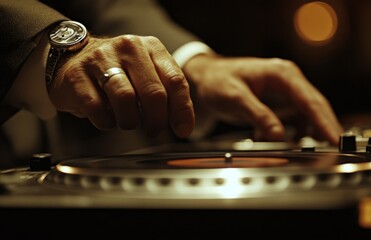 DJ hands spinning music on a turntable at nightclub party