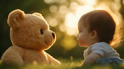 A joyful baby sits on the grass, gazing intently at a soft teddy bear as the sun sets behind them, creating a warm, enchanting atmosphere of play and innocence.
