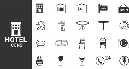 Hotel icons set. Hospitality symbol, room, service, booking, facilities and more Simple web icons set