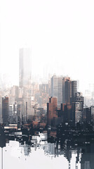 Naklejka premium Urban skyline with reflective buildings and muted colors blending into a bright white atmospheric haze 