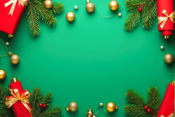 A green Christmas background featuring a flat lay arrangement of decorations like gold ornaments, pine branches, and red gift boxes, ideal for festive designs. Generative AI