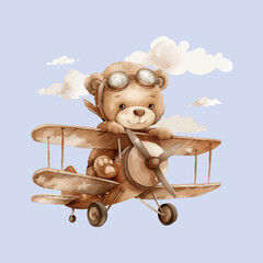 Vector watercolor illustration of a cute bear flying on airplane