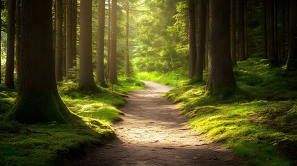 Fototapeta premium Peaceful forest trail lined with tall trees and a lush carpet of moss. Sunlight filters gently through the canopy, creating a serene and inviting path.
