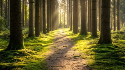 Obraz premium Peaceful forest trail lined with tall trees and a lush carpet of moss. Sunlight filters gently through the canopy, creating a serene and inviting path.