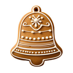 A gingerbread bell with white icing. The bell is decorated with white icing and has a white star on top