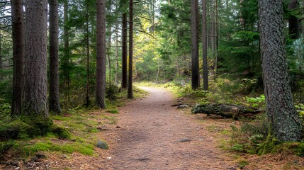 Fototapeta premium Peaceful forest trail, surrounded by tall pine trees, a soft blanket of needles underfoot, and birds singing