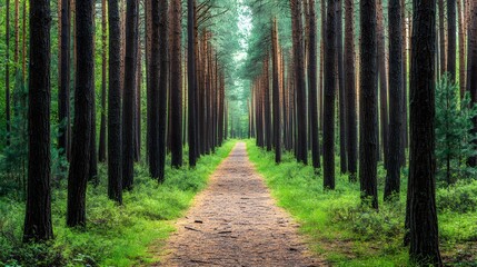Fototapeta premium Peaceful forest trail, surrounded by tall pine trees, a soft blanket of needles underfoot, and birds singing