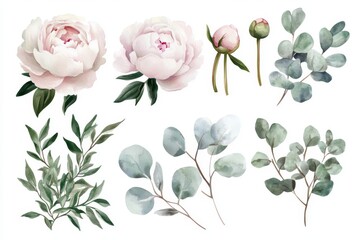 Set of watercolor illustrations with light pink peons and buds. Botanical illustration on white background for wedding, congratulations, wallpapers, fashion, backdrops, wrappers, 