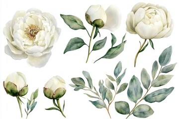 Set of watercolor illustrations with white peons and buds. Botanical illustration on white background for wedding, congratulations, wallpapers, fashion, backdrops, wrappers, print