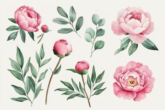 Set of watercolor illustrations with  pink peons and buds. Botanical illustration on white background for wedding, congratulations, wallpapers, fashion, backdrops, wrappers, 