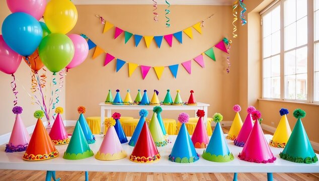 Vibrant birthday party setup with colorful hats, balloons, and festive decorations in a joyful atmosphere