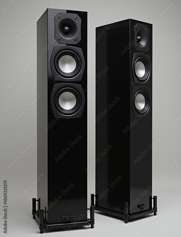 Poster Sleek modern speakers feature a distinct black tower design with precise craftsmanship and rich detailed sound output capabilities
