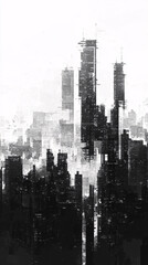 A dark monochromatic cityscape showing tall futuristic buildings in black and white tones conveying an abstract and modern urban atmosphere
