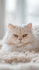 Obraz premium A fluffy white Persian cat lies on a cozy rug, basking in the soft light streaming through the window, with an expression of calm contentment