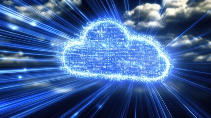 Obraz premium Digital Blue Cloud with Data Streams - High-Tech Visualization of Cloud Computing and Data Transfer