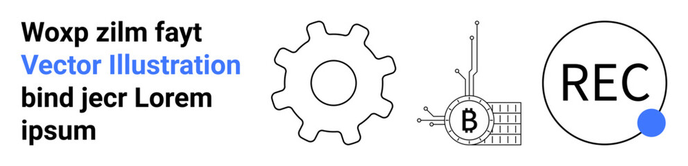 Gear diagram, Bitcoin circuitry, and record button next to text. Ideal for technology, finance, cryptocurrency, broadcasting, engineering, presentations, marketing materials Landing page