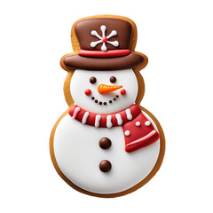 A snowman cookie with a red scarf and a brown hat