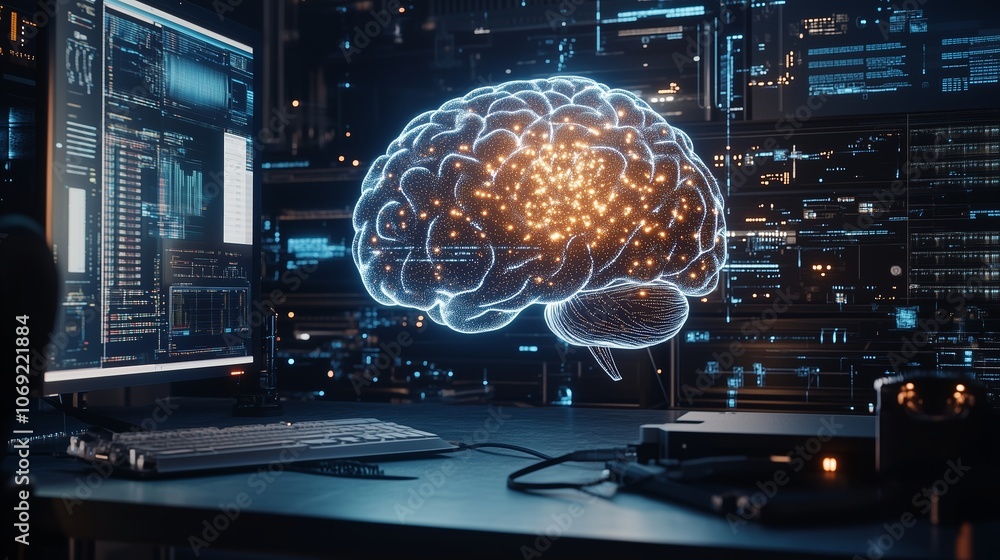 Poster a digital brain visualization alongside advanced computer screens in a futuristic workspace during t