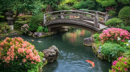 Fototapeta premium Peaceful garden featuring blooming flowers, a tranquil koi pond, and a charming small wooden bridge. The serene setting invites relaxation and reflection amidst vibrant natural beauty.