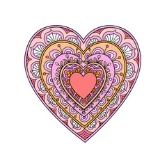 Colored heart zentangle doodle style drawing. Valentine romantic love greeting card. Black ink isolated on white. Adult coloring page antistress drawing heart shape vector illustration