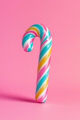 Colorful striped candy cane against a vibrant pink background