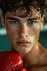 Young boxer posing with red boxing gloves in the ring