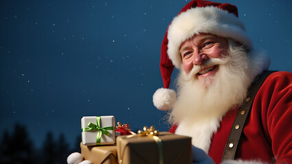Santa Claus portrait seen slightly from below, proudly holding a pile of presents while smiling. Starry nocturnal scene with left copy space.