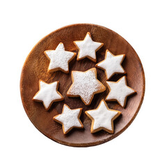 A plate of cookies with powdered sugar on top and a star in the center. The plate is wooden and the cookies are arranged in a circle