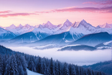 Snow-covered mountain peaks at dawn with a soft pink and purple sky, creating a calm winter landscape. Generative AI