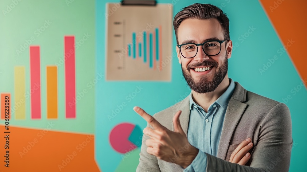 Poster smiling professional pointing to colorful business charts in a modern office setting during the dayt